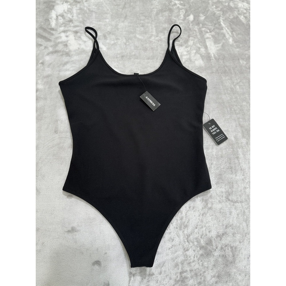 Express Bodysuit Women's Size Medium Black‎ Thong Snap Sleeveless Round Neck NWT